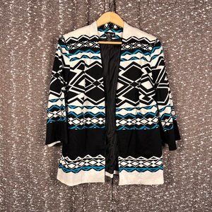 Ivy Chic Jacket Southwestern Print Open‎ Front Lined Side Pockets Black & Blue